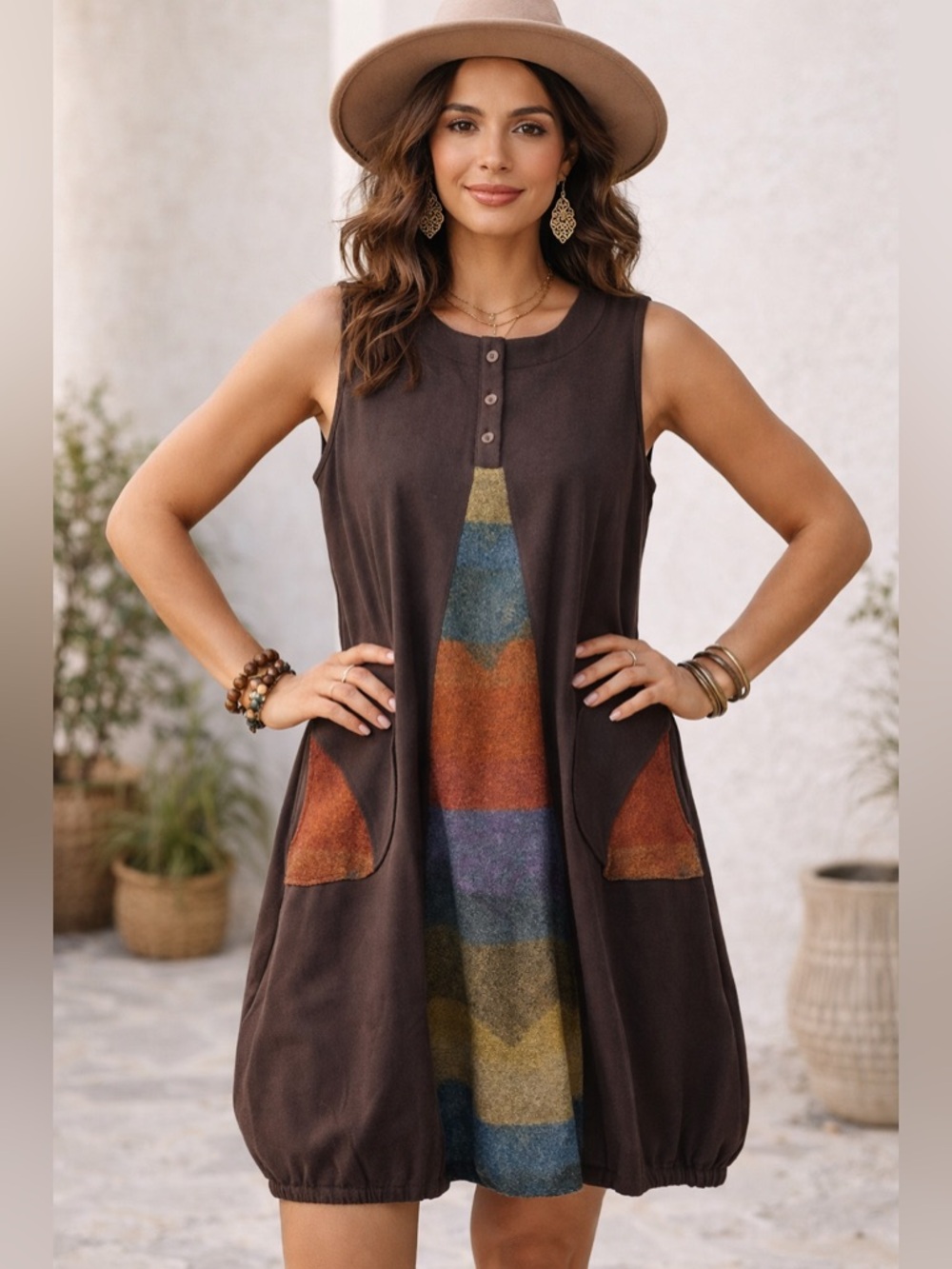 Terra SJ Apparel Boho Colorblock Sleeveless Tunic Dress